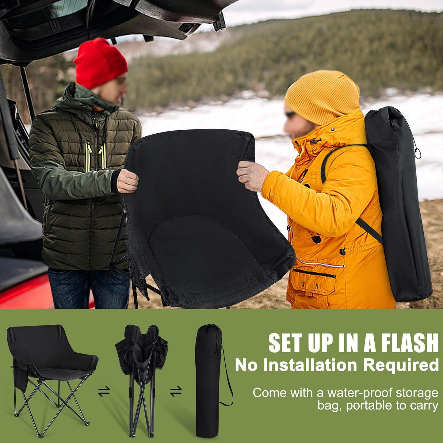 Joyfair Outdoor Camping Chair for Adult, Large Portable Folding Moon Chairs with Carry Bag for Patio Beach, Fishing, Lawn and More Outdoor Sports, 600D Oxford Fabric & Heavy Duty Steel (2, Black)