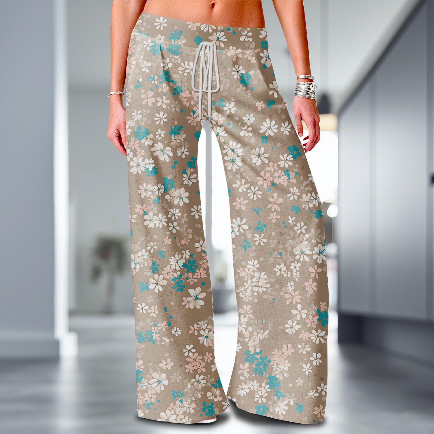 Womens Pants Casual High Waist Wide Leg Palazzo Lounge Pants Fashion Boho Brown Print Lightweight Comfy Stretchy Baggy Trousers Adjustable Drawstring Athletic Yoga Sweatpants with Pockets,L