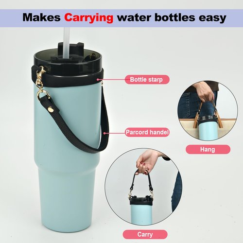 Wongeto Water Bottle Handle Strap，Genuine Leather Carrier Strap ，Fits Most 8-40oz Bottles Compatible with Stanley Cup Accessories (Black)