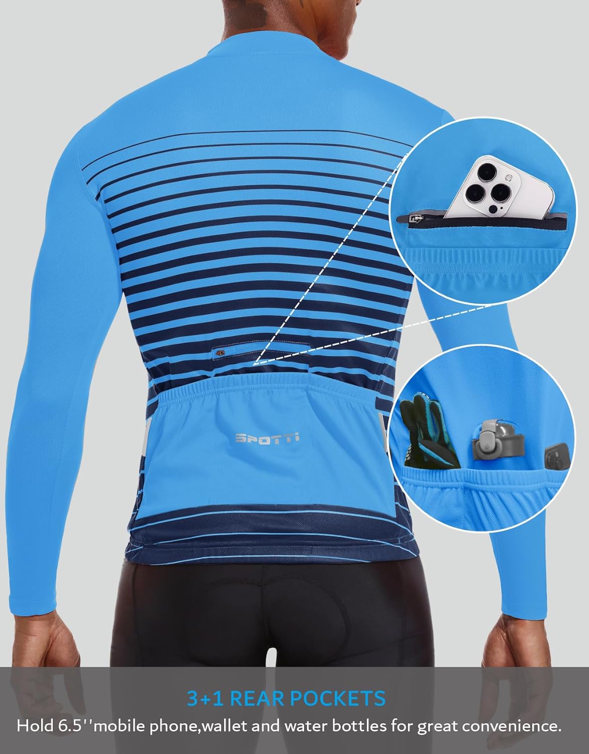 Spotti Men's Cycling Bike Jersey Long Sleeve with 3 Rear Pockets - Moisture Wicking, Breathable, Quick Dry Biking Shirt