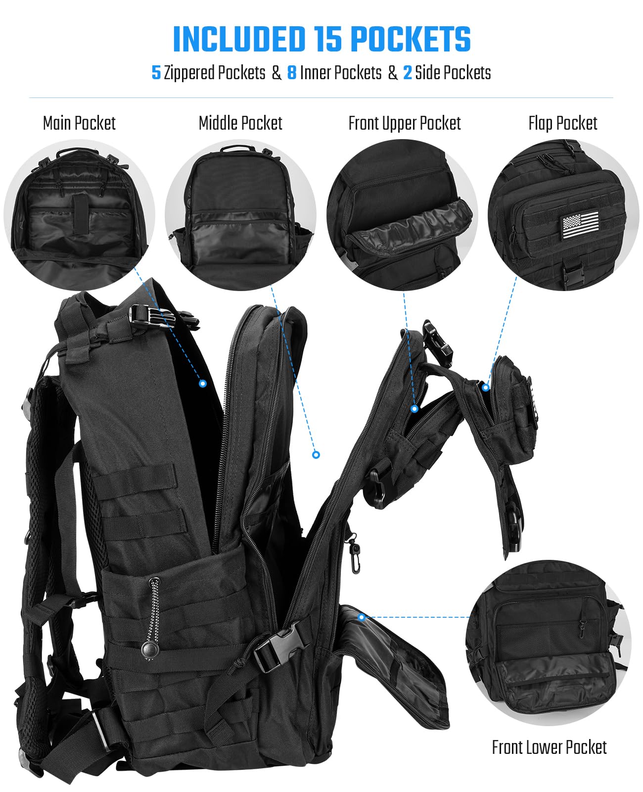 EZshoot Tactical Backpack, 45L Heavy Duty Military Backpack for Men, Army Molle 3 Days Assault Pack Bug Out Bag, Large Military Gear Travel Hiking Camping Sports Rucksack with Bottle Holder, Black