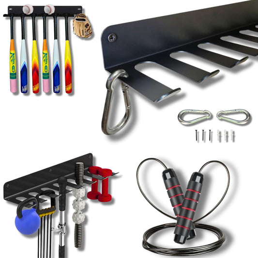 2-in-1 Gym Storage Rack + Jump Rope, Baseball bat wall mount, Gym organization for home gym, Bat holder wall mount, Baseball bat holder for wall, Home gym storage rack, Gym equipment storage, Bat holder, Bat holder for dugout fence, Gym organization, Weig