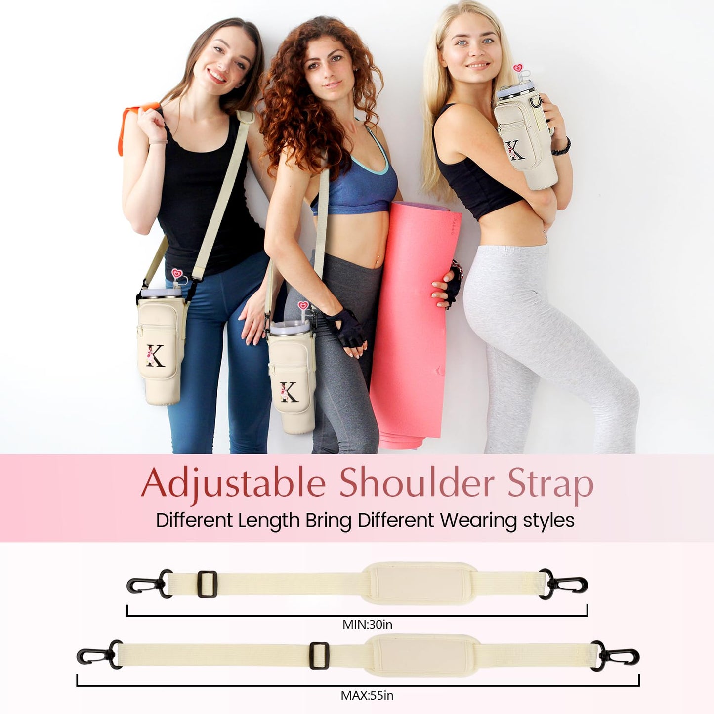 GOEWY Water Bottle Carrier Bag for Stanley 30 oz Tumbler with Handle Neoprene Water Bottle Holder Pouch Stanley Cup Accessories Gift Set with 1 Straw Cover & 1 Letter Charm B