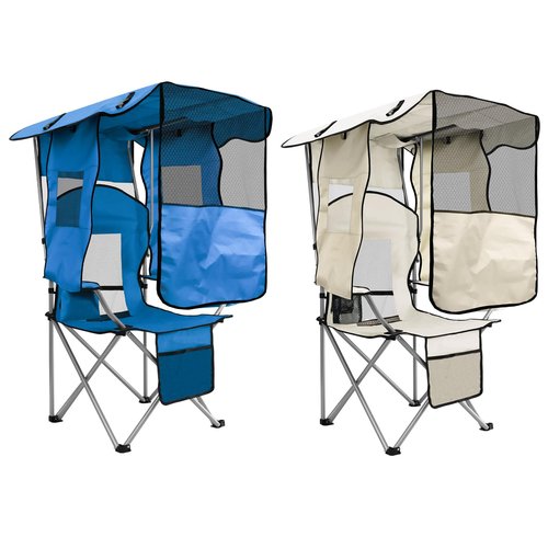 ptlsy Camping Chair with Shade Canopy for Adults, Quick Shade Canopy Folding Chair for Outdoor Sports with Cup Holder, Side Pocket for Camp, Beach, Tailgates, Fishing Support 330LBS (White & Blue)