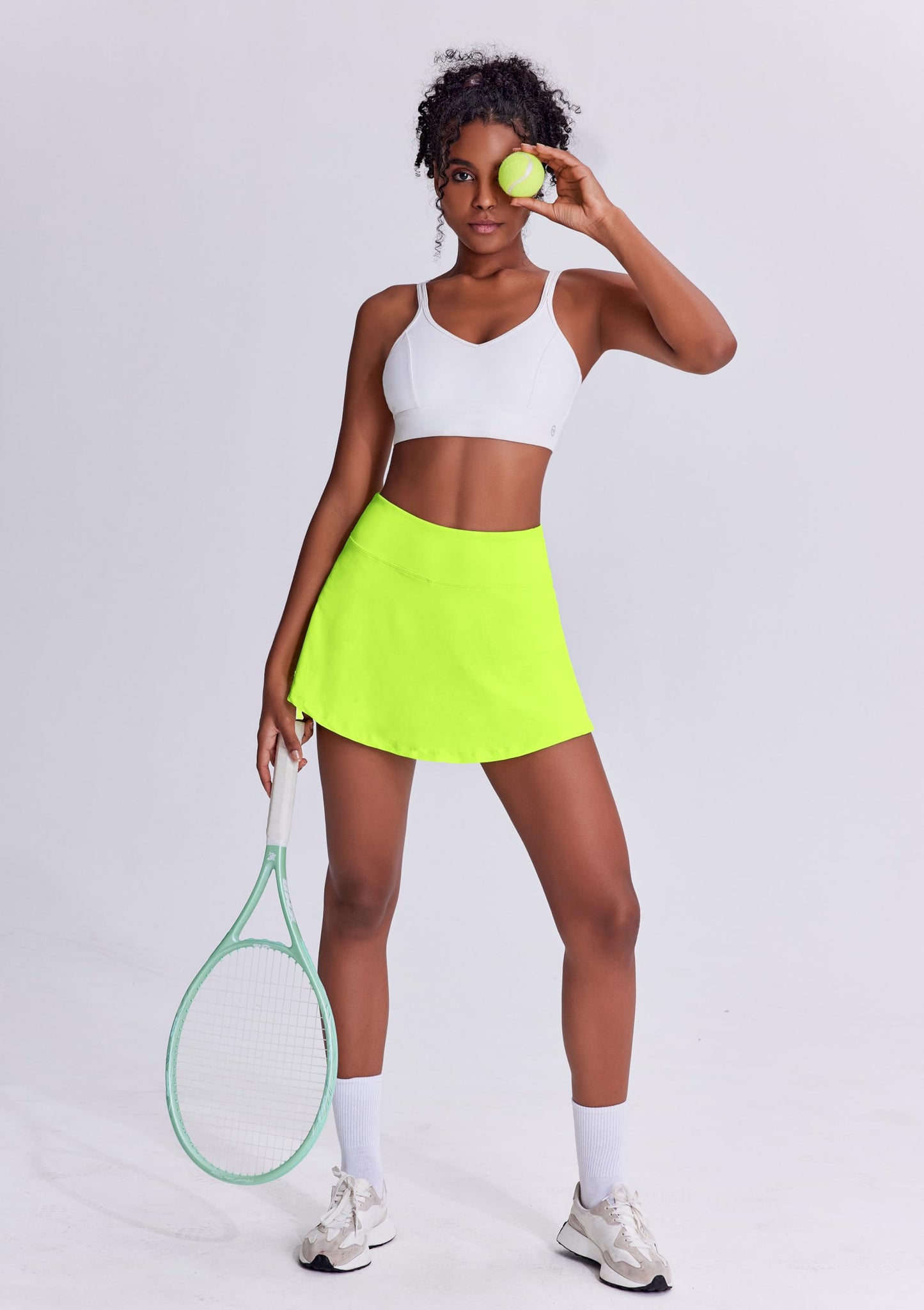 PINSPARK Pleated Tennis Skirt for Women High Waisted Athletic Golf Skorts Skirts with Pockets for Running Casual,Green Citrine Small