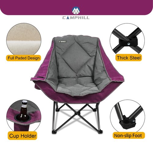 CAMPHILL Folding Camping Chair,Oversized Portable Camping Chair with Cup Holder,Heavy Duty Padded Lawn Chair for Camping, Tailgates, Beach, and Sports
