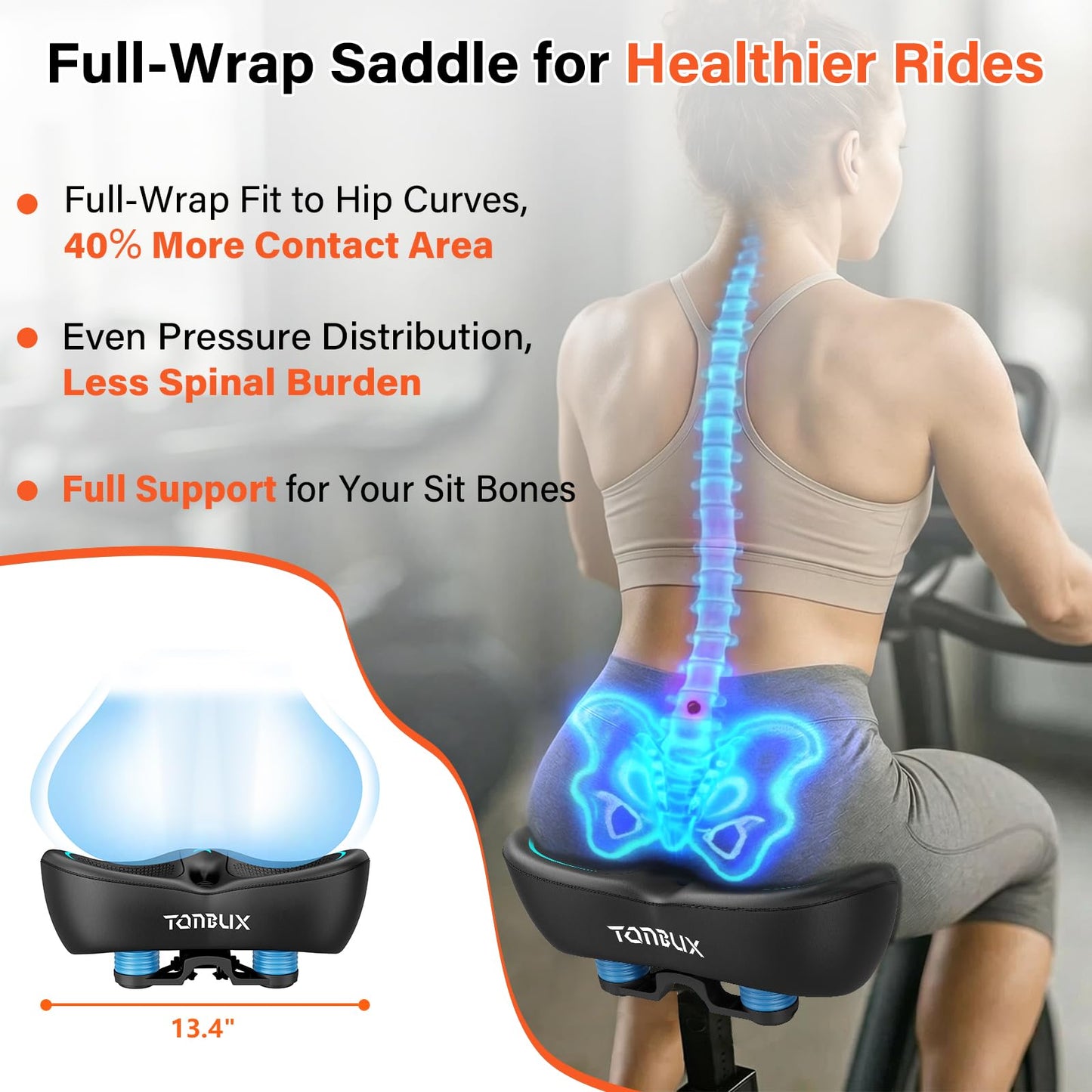 TONBUX Noseless Bike Seat for Men & Women, 6cm Padding Extra Comfortable Bike Seat Cushion, 13.4" Large Bicycle Saddle for Peloton Bikes, Stationary Bikes, Ebike