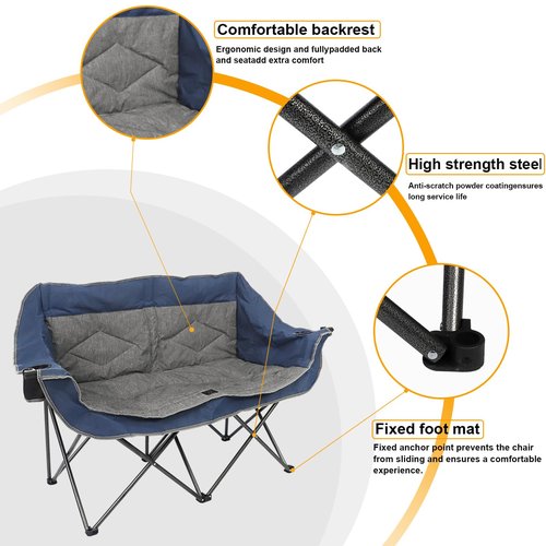 LANMOUNTAIN Folding Loveseat Camping Chair,Portable Double Chair w/Cup Holder,Wine Glass Holder,Carry Bag Heavy Duty Lawn Chair for 2 Adults,Perfect for Camp,Hiking,Picnics and Beach Trips,Blue