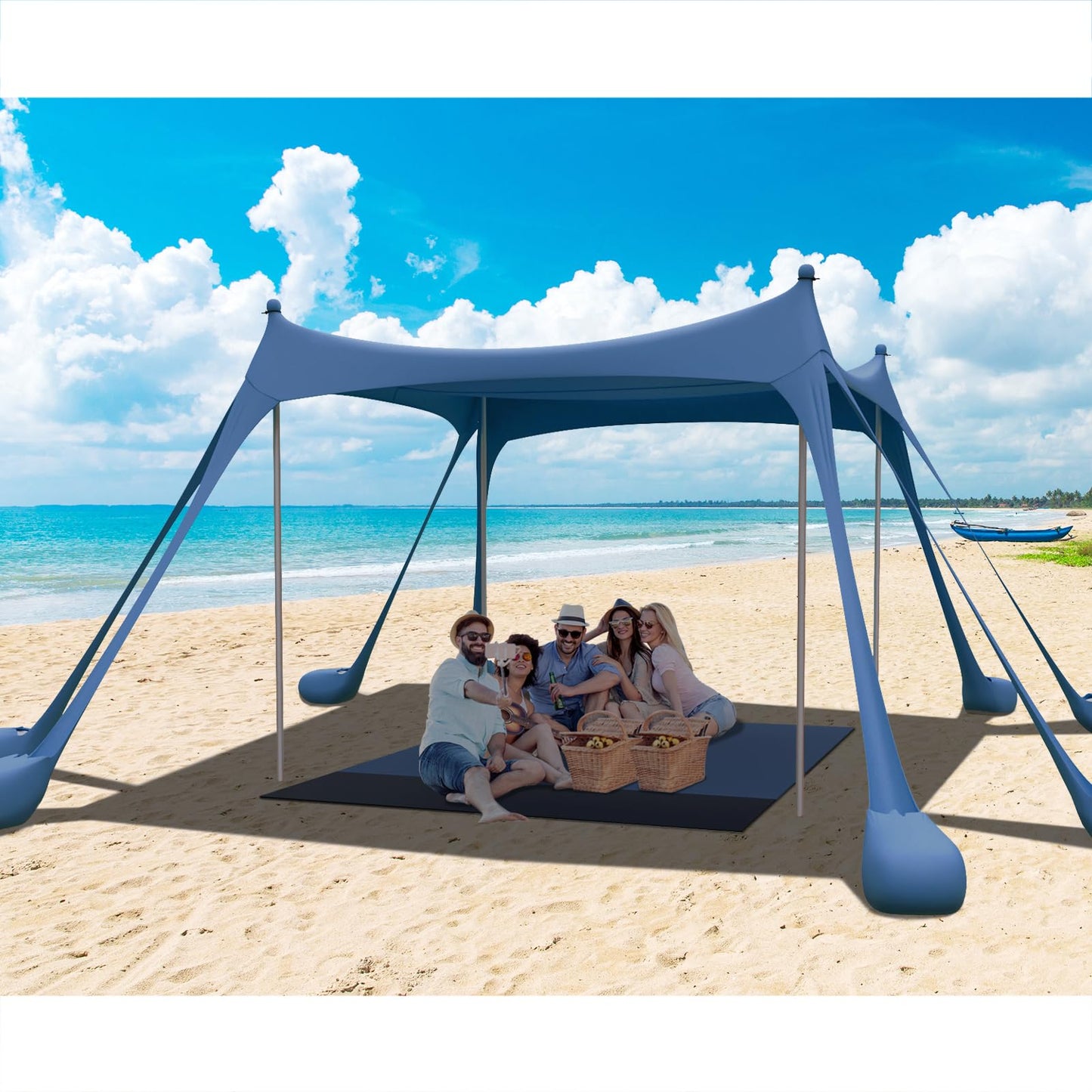 JMOREGO Beach Tent, Camping Sun Shelter with Mat, 2 Sand Shovels, 8 Sandbags, Ground Pegs & Stability Poles, UPF50+ Outdoor Shade Canopy for Camping, Fishing or Picnics (Navy Blue)