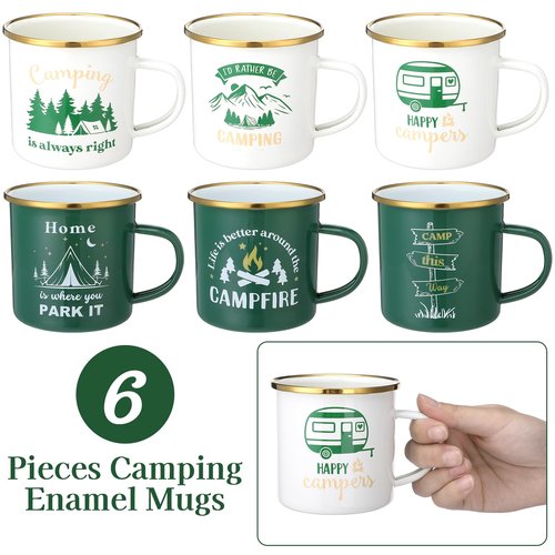 Pickmesh 6 Pcs Camping Mugs Enamel Cups 12oz Coffee Cups with Handle Camping Gifts for Outdoor Hiking Backpacking Lovers
