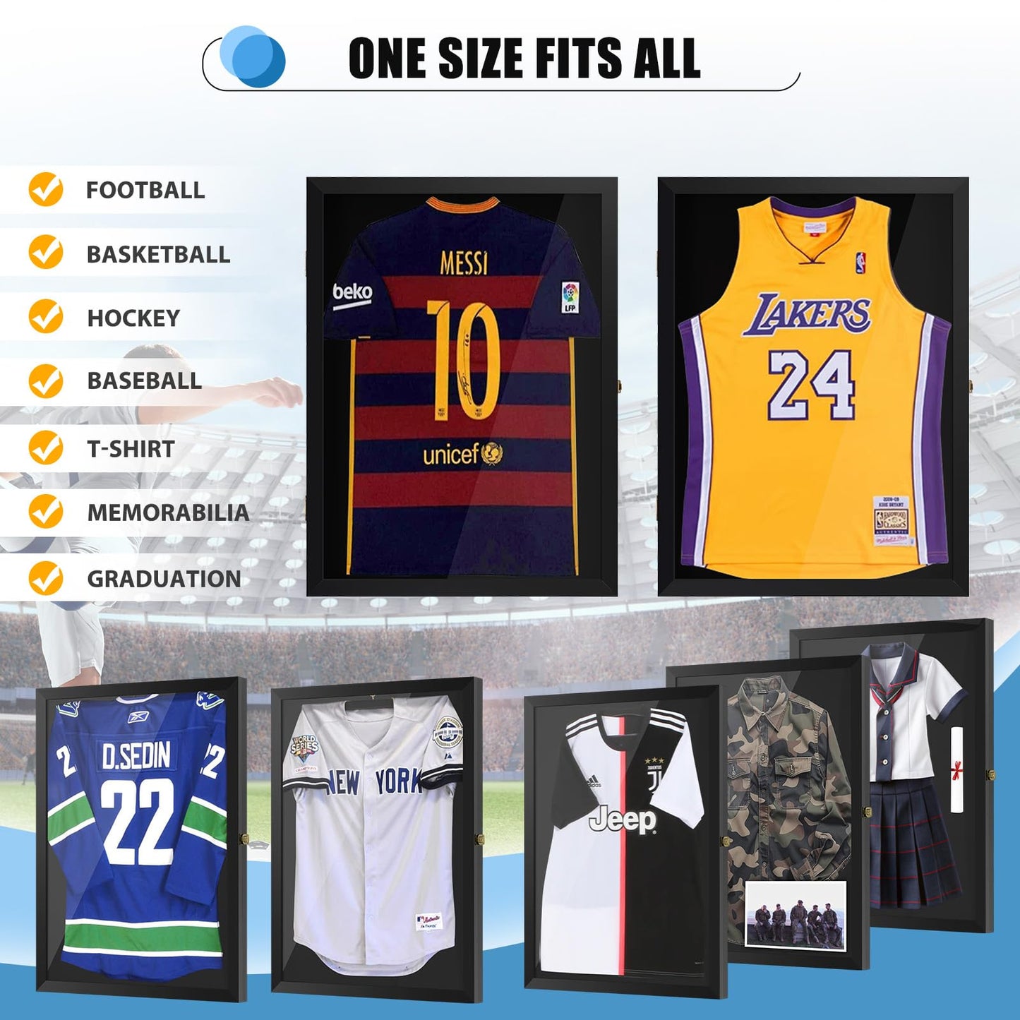 4 THOUGHT Jersey Frame Display Case Large Lockable Jersey Shadow Box Sport Shirt Display Frame with 98% UV Protection Acrylic Door and Hanger for Football Hockey Basketball Baseball Shirt, Black