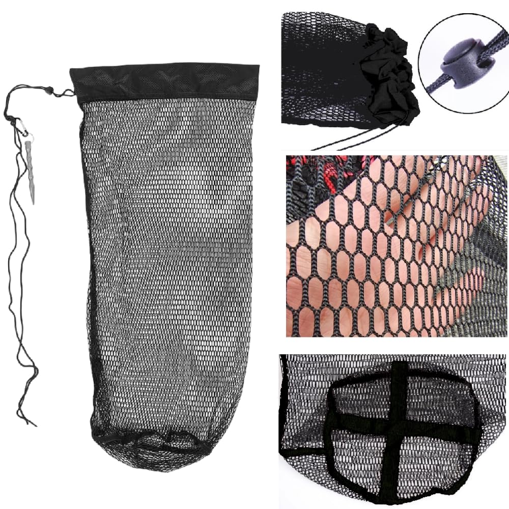 1Pcs Collapsible Fish Collection Bag - Portable Nylon Fishing Net with Drawstring and Lure Holder, Black