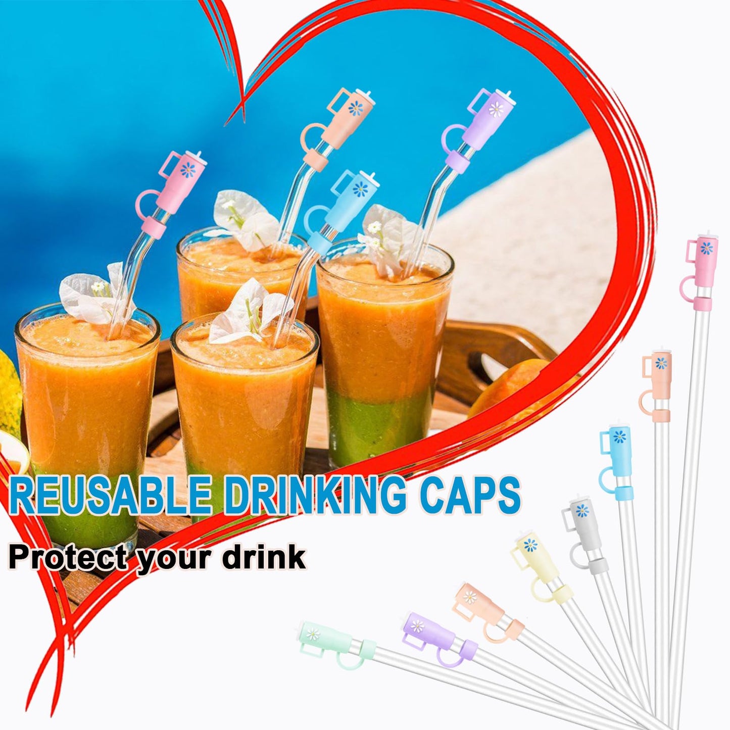 Straw Covers Cap Fit for Stanley Cup, 8Pcs Silicone Straw Toppers Compatible for Stanley 30&40 Oz Tumbler, 10mm Drinking Straw Tip Covers Fit for Stanley Cups Accessories