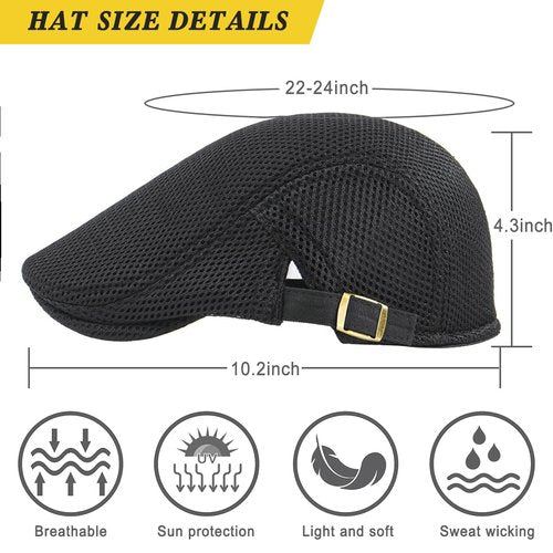 Xinveen Men's Mesh Cap Breathable Summer Newsboy Hat Adjustable Beret Ivy Cap Irish Cabbie Driving Hunting Hats Black
