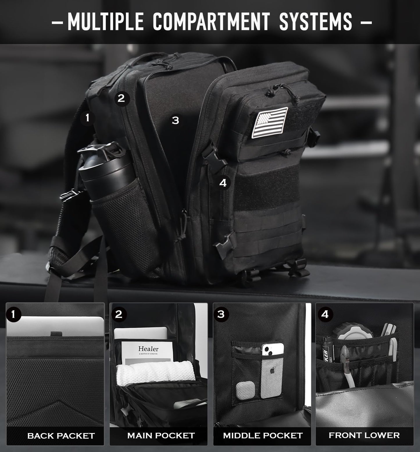 Saboos Tactical Backpack 25L Military Backpacks for Men Gym Backpack Camping Hiking Daily Work Fitness Rucksack Black