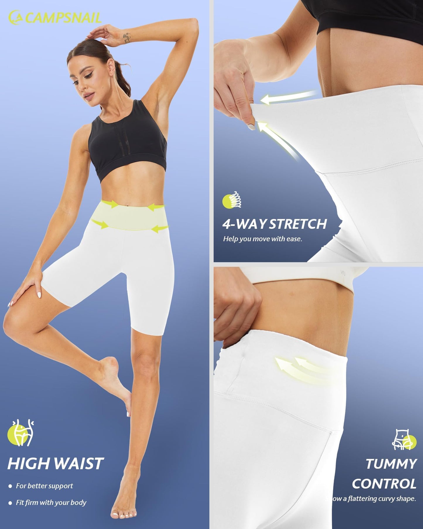 CAMPSNAIL Workout Biker Shorts Women - 3"/5"/8" High Waisted Tummy Control Spandex Booty Volleyball Shorts for Yoga Dance White