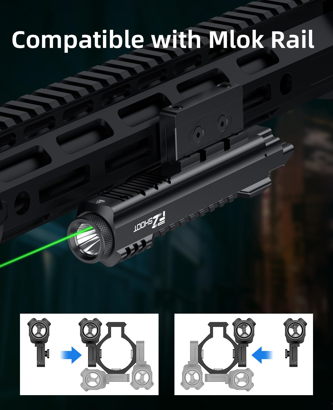 EZshoot 2400 Lumens Rifle Laser Light Combo, Rechargeable Rifle Flashlight Compatible with Picatinny and M-Rail, Tactical Green Light Laser Beam for Rifle with Strobe Mode