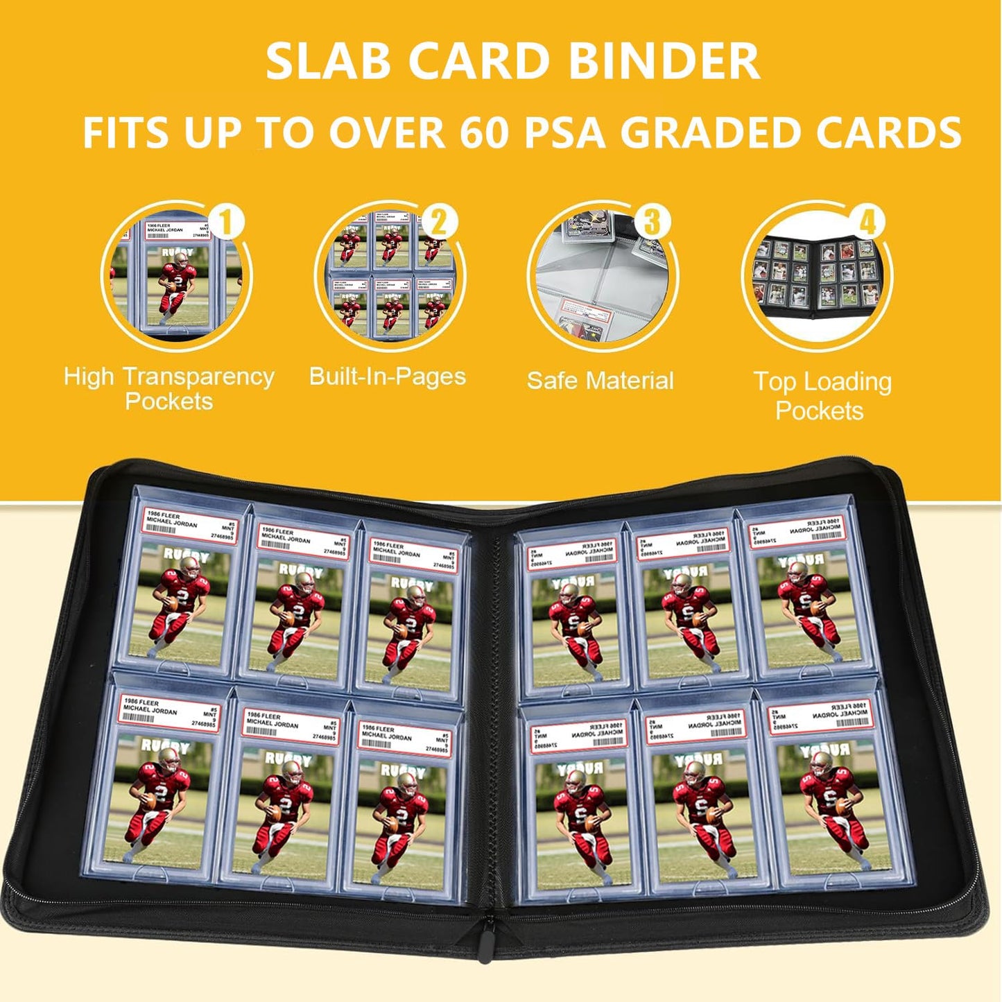 60 Pockets Graded Card Binder, Toploading PSA Slab Holder Album, PU Leather Graded Card Storage Binder, Premium 6 Pocket PSA Card Binder Album with Sleeves (Red)