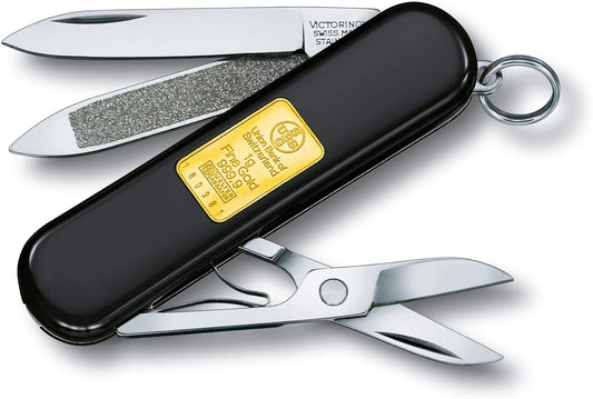 Victorinox Classic SD Swiss Army Knife, Compact 7 Function Swiss Made Pocket Knife with Small Blade, Screwdriver and Key Ring - Gold Ingot