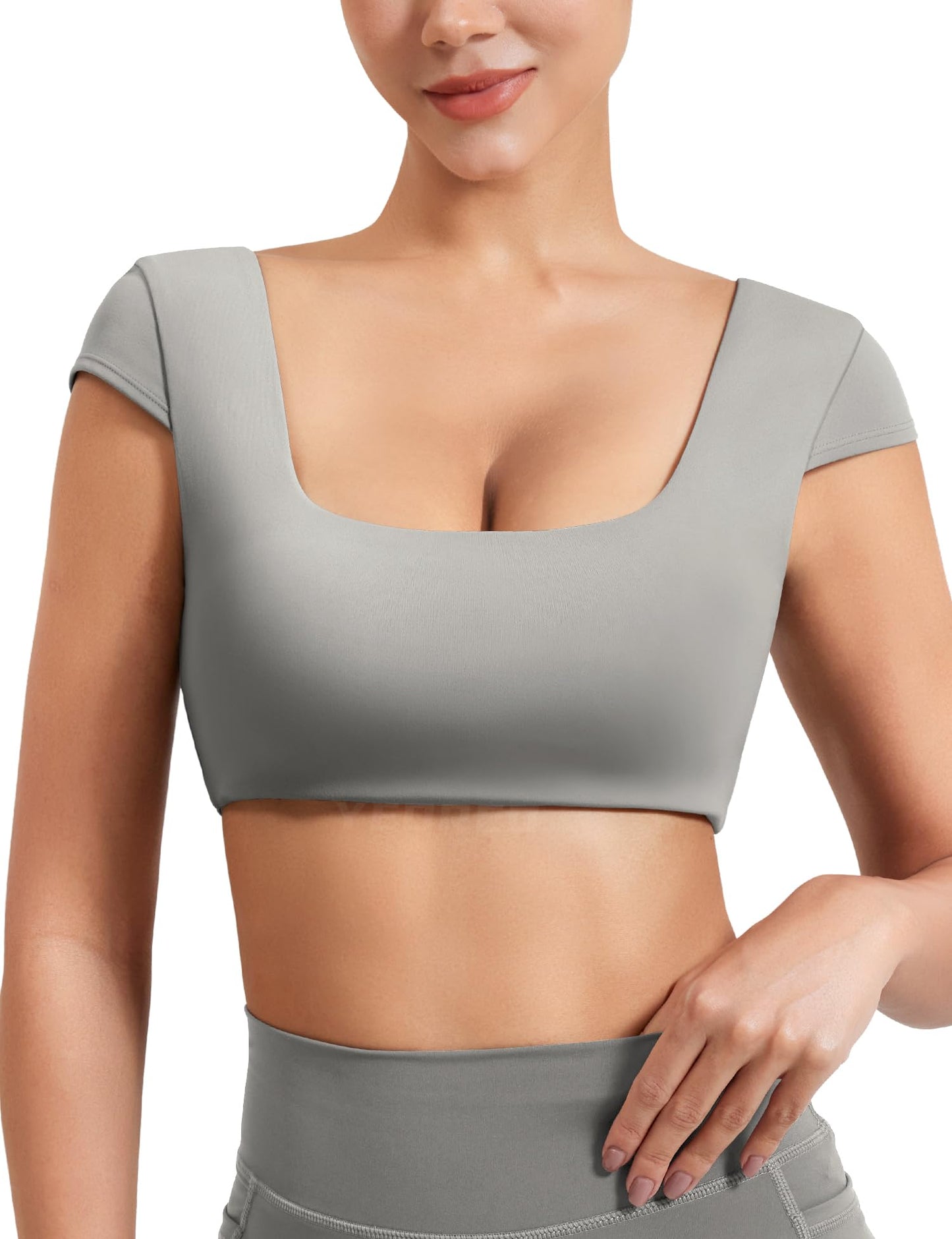 YEOREO Womens Square Neck Tank Tops Backless Summer Built in Bra Workout Crop Cap Sleeve Slice Casual Going Out Shirts Light Grey L