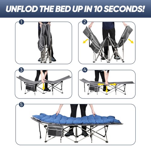 HAITRAL Portable Camping Cot with Mattress - Outdoor Folding Heavy Duty Sleeping Bed with Side Pocket for Adults - Oxford Single Lounge Chaise for Camping Tent Beach Office Max Load 300 LBS (Grey)