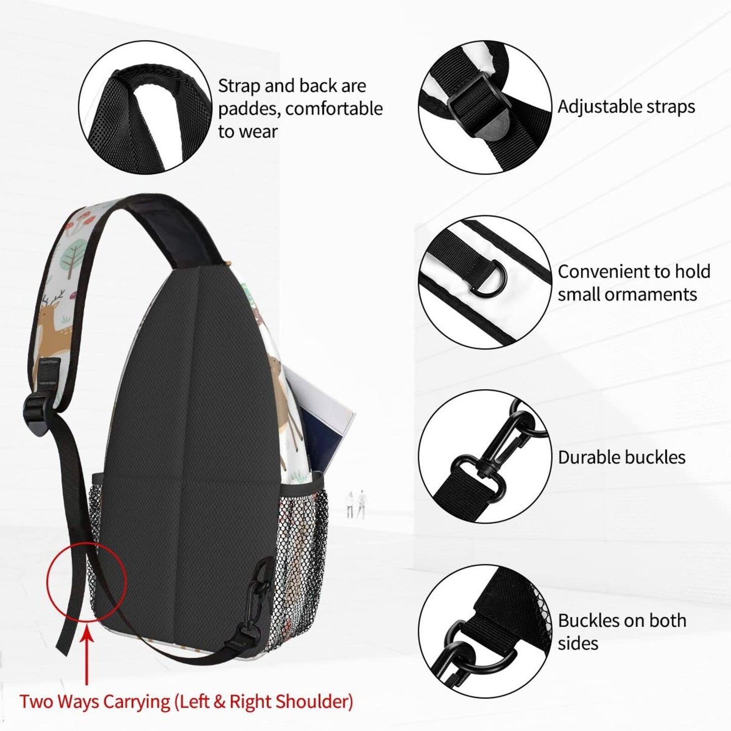 NiuKom Fox Deer Bear Sling Bag for Women Crossbody Sling Backpack Men Casual Daypack Backpacks Gym Cycling Travel Hiking