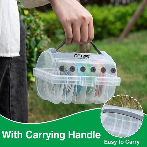 Goture Fishing Line Storage Box - 6 Slot Organizer (2 Large + 4 Standard), Clear Visibility, Silicone Holes