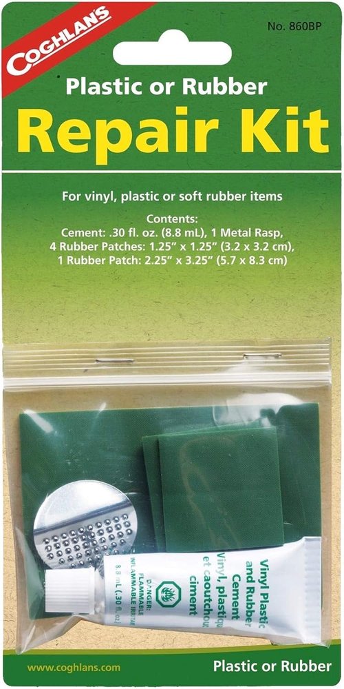 Coghlan's Repair Kit - Plastic/Rubber - 7.5" H x 3.75" W x 1.25" L - 1 PK - Includes Cement, Metal Rasp, Rubber Patches - #860BP