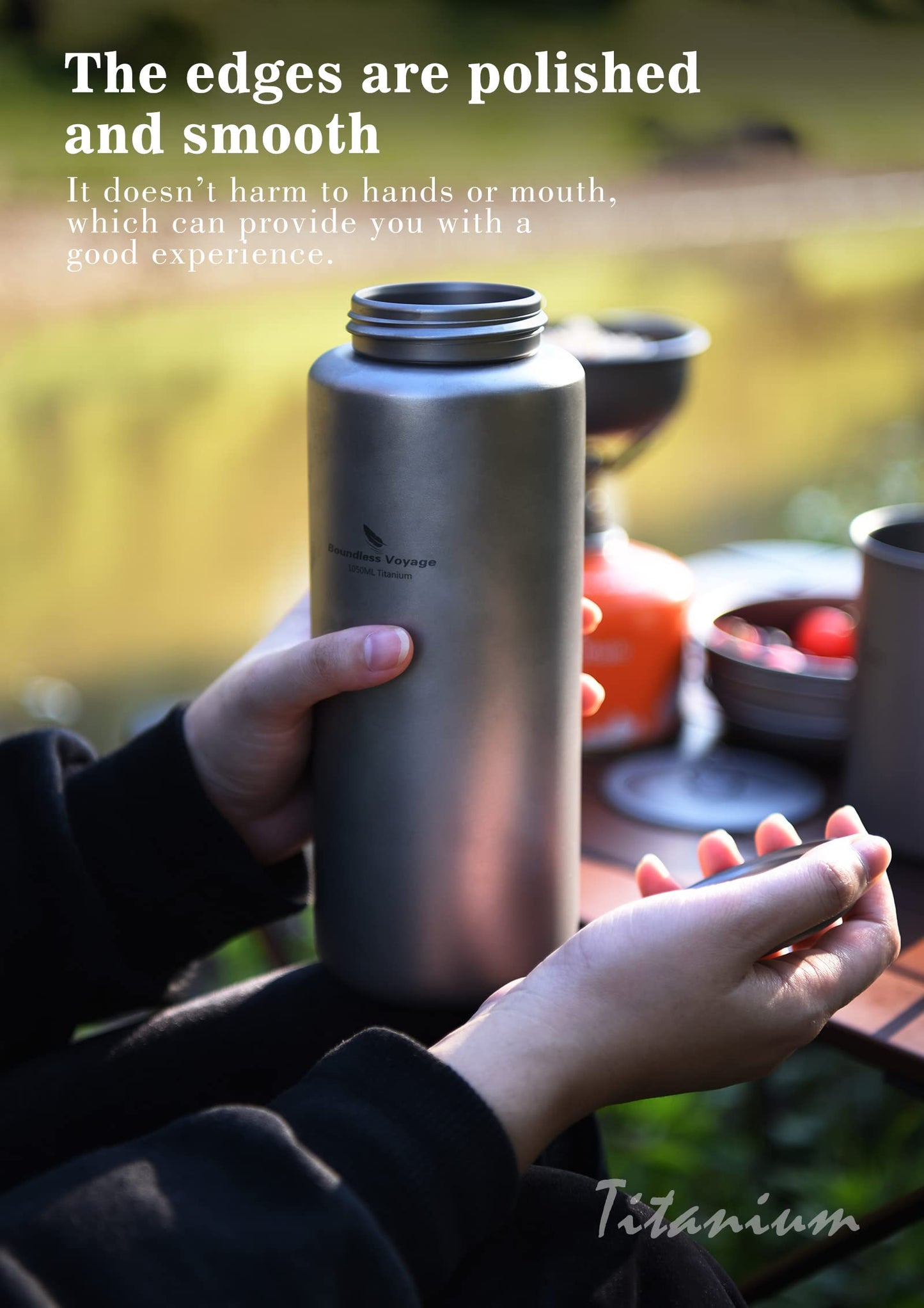 iBasingo 1050ml Titanium Bottle with 600ml Nesting Cup Outdoor Camping Single Layer Wide Mouth Cookware Lightweight Portable Bottle Mug Set Hiking Picnic Solo Cooking Mess Kit Ti3007D