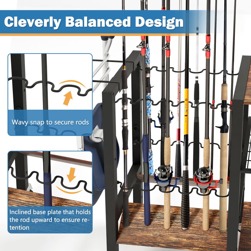 3-Tier Fishing Rod Holder, Garage Fishing Rod Rack, Fishing Rod Organizer for 12 Rods, Space Saving Fishing Pole Storage System for Garage Boat RV Basement, with Wheels Hooks and Storage Bag