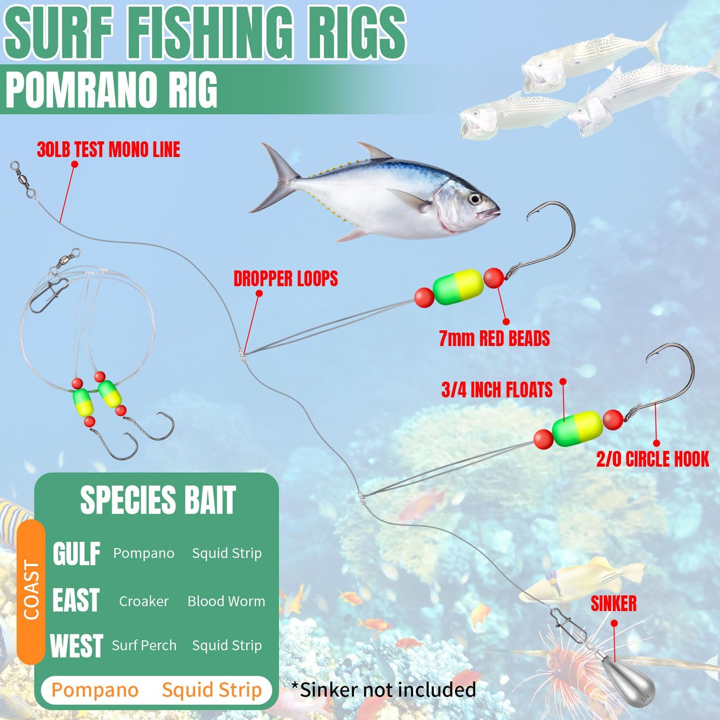 JellyArch 12 Pcs Pompano Rigs for Surf Fishing Offshore Surf Fishing Rigs Saltwater Gear Tackle with 2/0 Circle Hooks Double Circle Swivels Duo Lock Snaps(Mixed Colors)