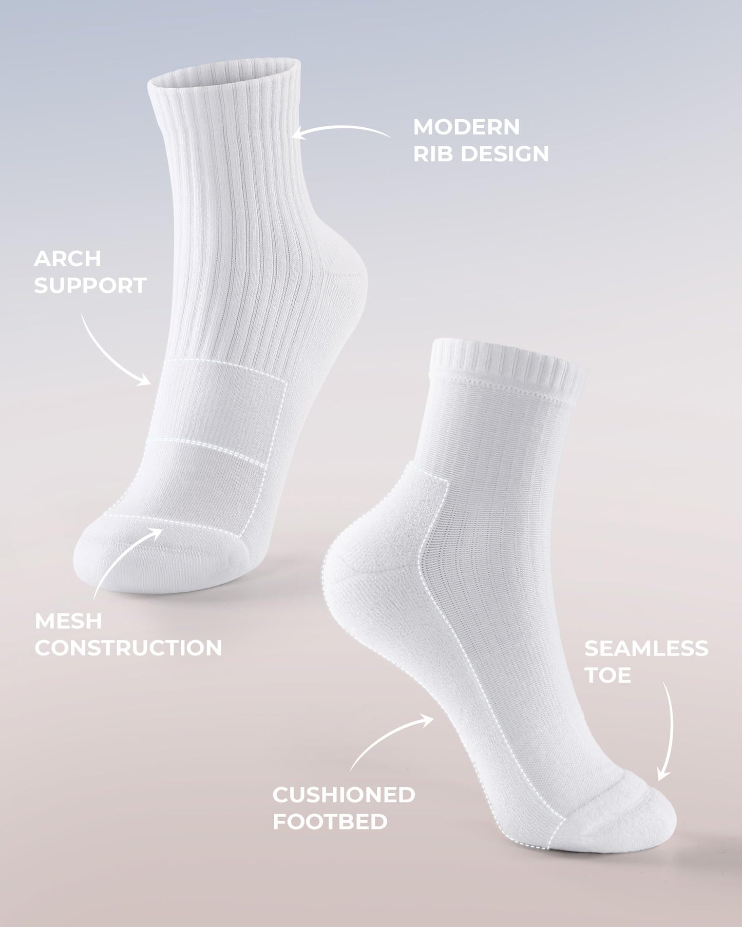 FITRELL Mini Crew Active Ankle Socks – Cushioned Running Thick Athletic Socks with Support for Women and Men 5-6 Pairs, 5 Pairs White, Medium