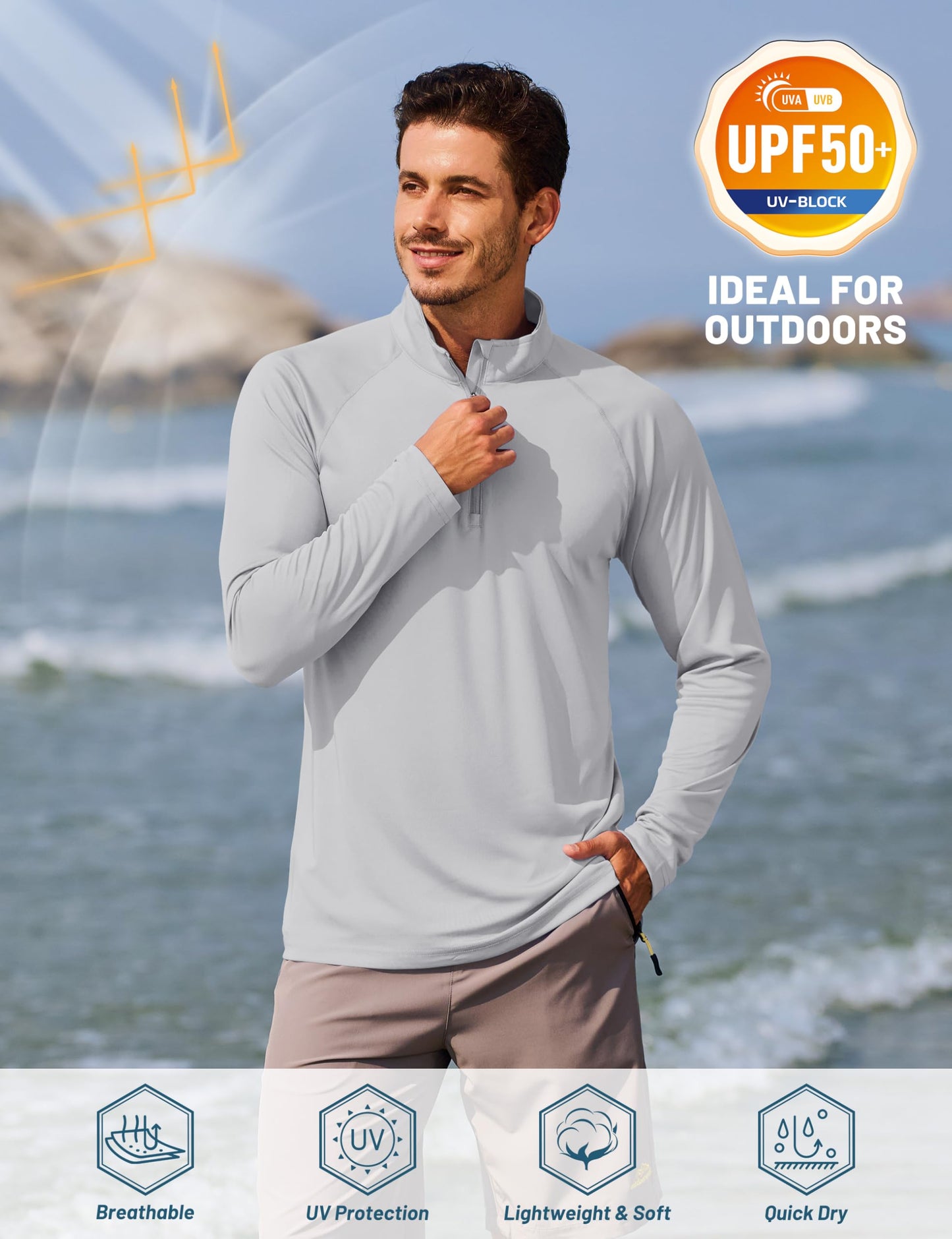 TACVASEN Men's UPF 50+ Sun Shirt, Long Sleeve, Light Grey, Size Small