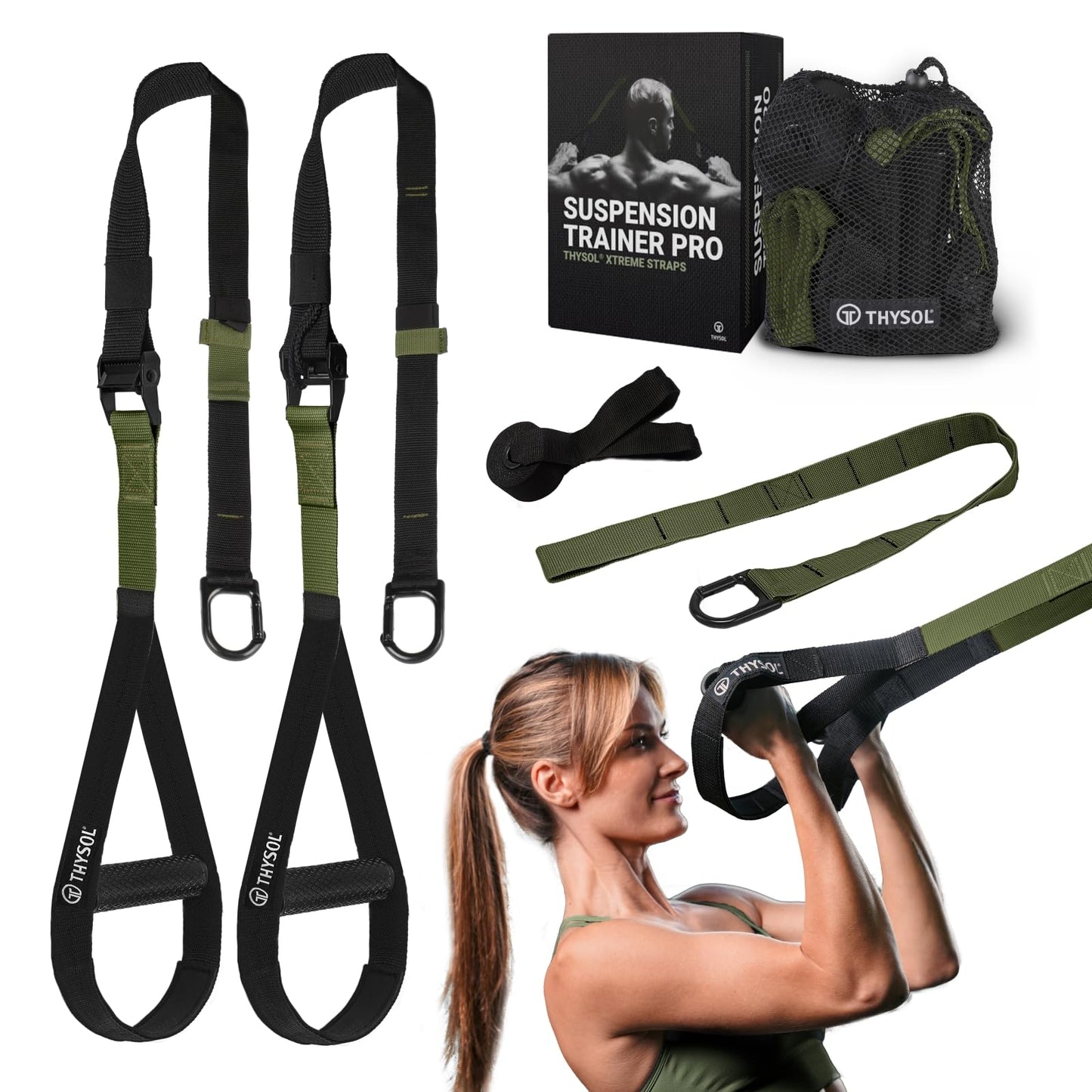 THYSOL® Resistance Trainer Pro Xtreme Straps Army | Sling Trainer Set with Adjustable Door Anchor | Fitness Home Workouts - Suitable for Travelling & for Training Indoor & Outdoor (Army Green)