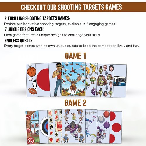 New!! Shooting Range Target Game Set - Unique Designs in 2 Sizes - 1-2 Players - First of Its Kind, Indoor & Outdoor Shooting, Patent Pending, App Tracking & Analysis (Shooting Target Set 1, 24x39.5)