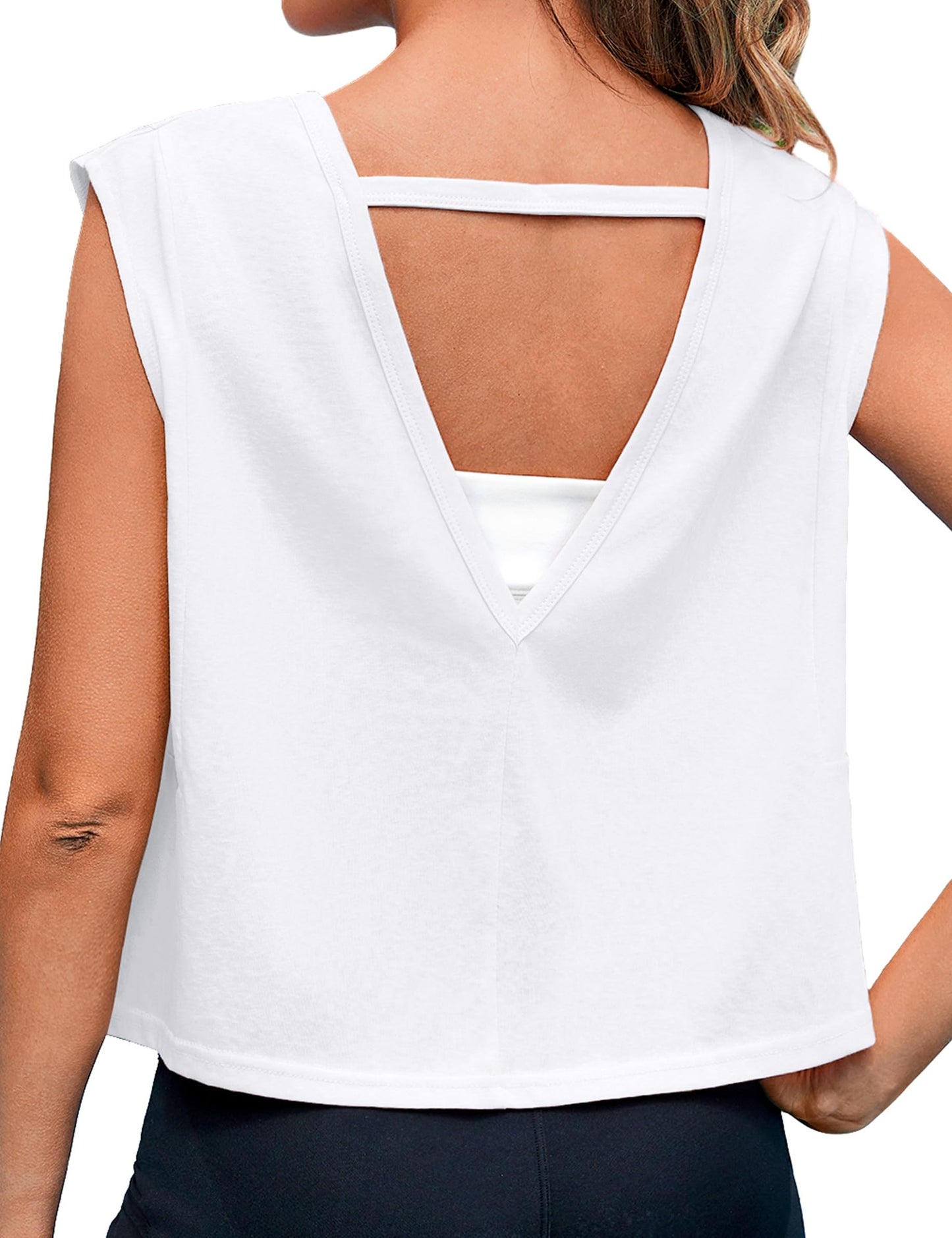 Quenteen Women Cropped Open Back Sleeveless Tank Tops Casual Yoga Y2k Athletic Gym Loose Fit Shirts White M