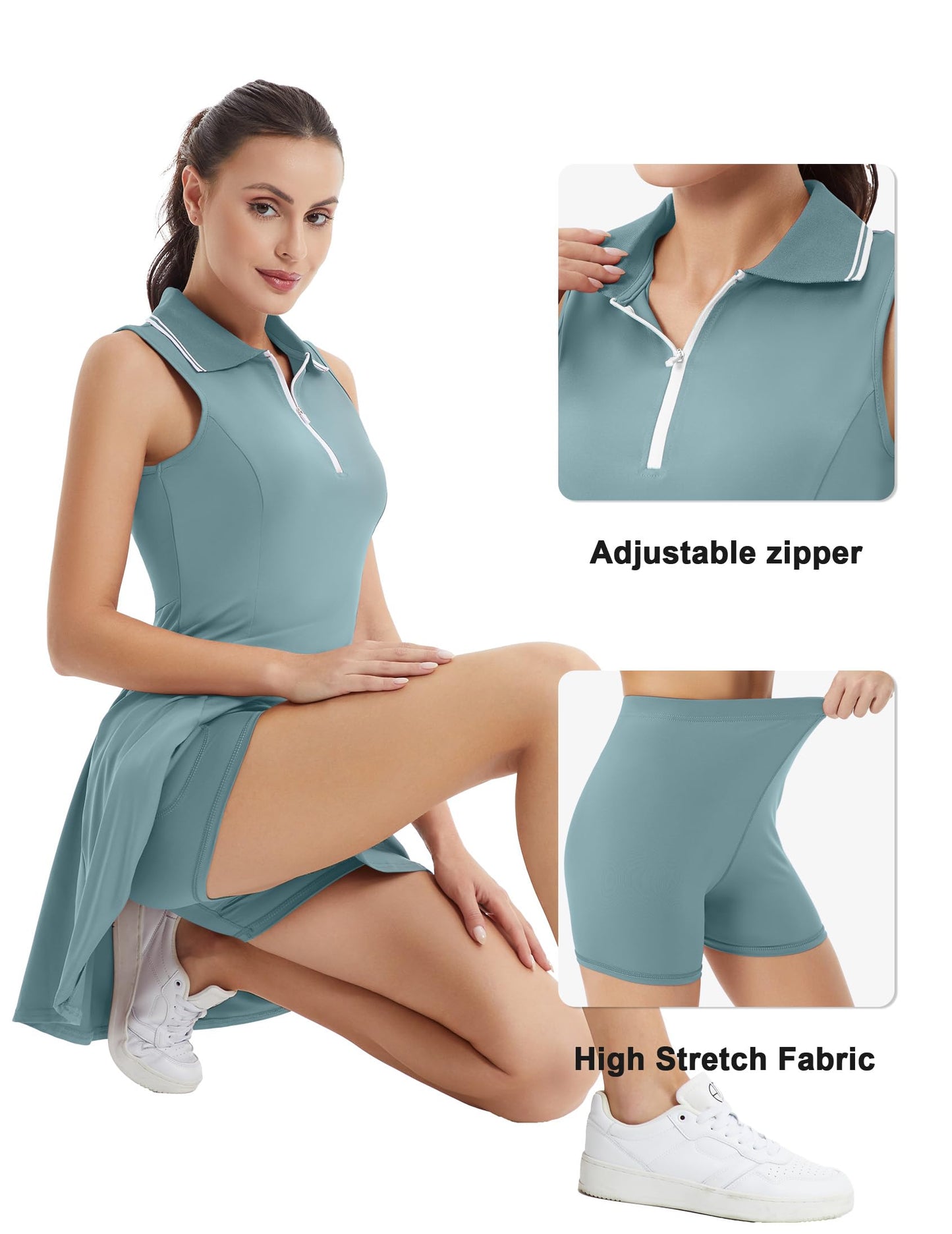 FKEEP Women's Tennis Golf Dress Sport Activewear Workout Athletic Zipper V-Neck with Shorts and Pocket (Lake Blue, L)