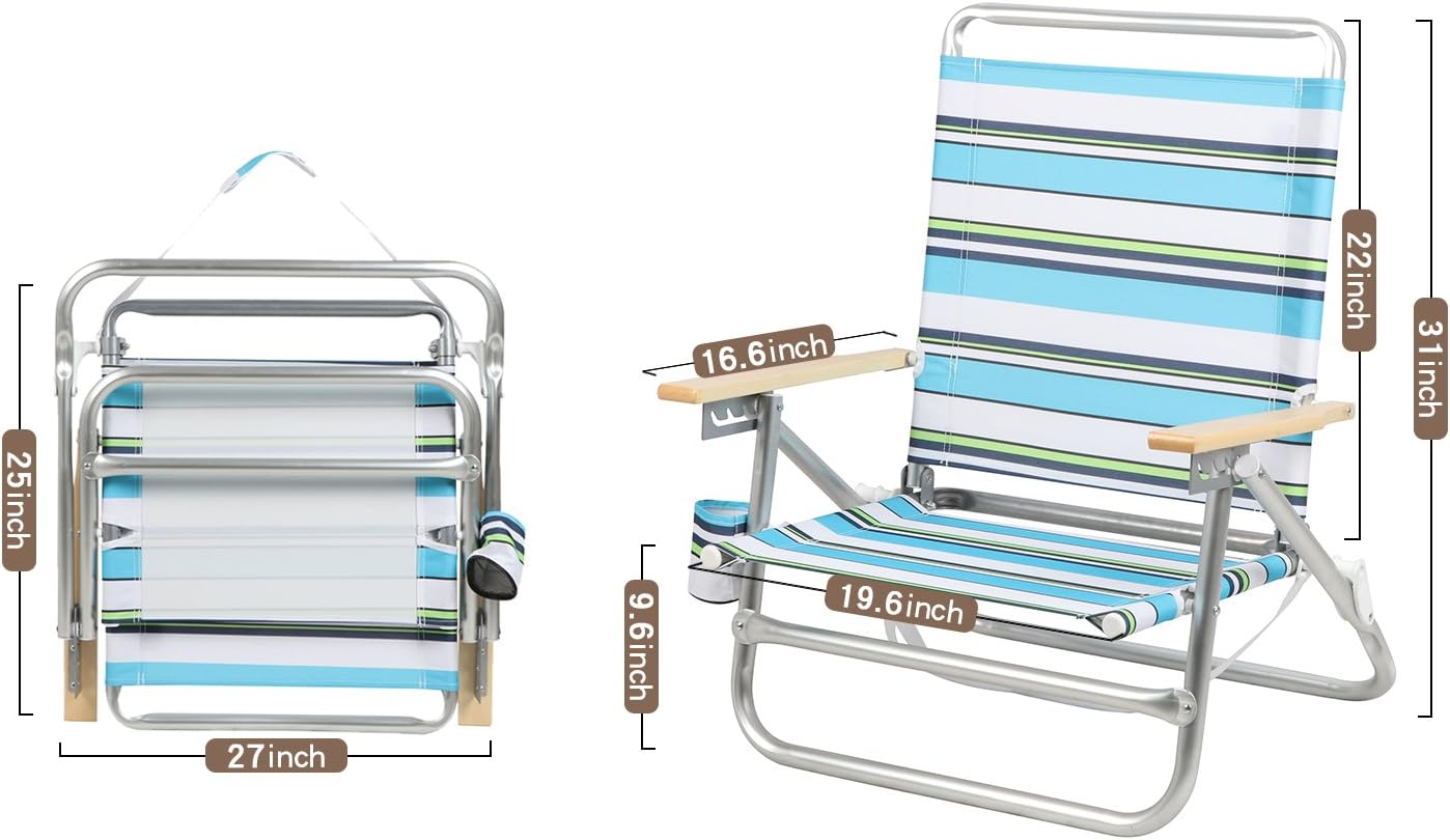 PORTAL Folding Camping Sand Beach Chair, Aluminum Lightweight 4 Positions Chair Recliner with Wood Armrest Cup Holder Carry Strap