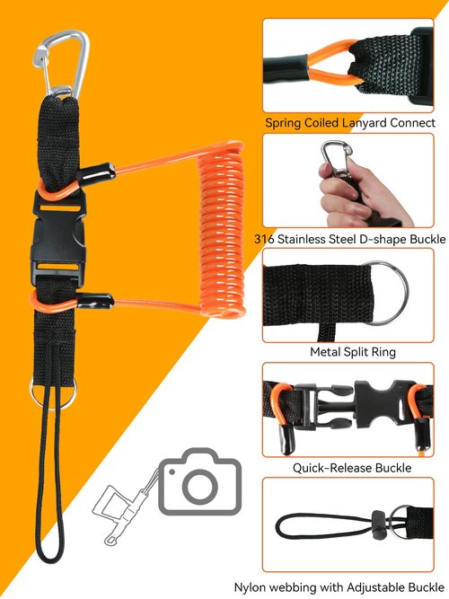 EEBBL Heavy Duty Diving Lanyard with Clip, Stainless Steel Spring Coiled Lanyard Orange