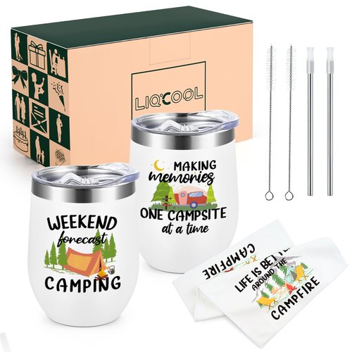 LiqCool - 2 Pack Camping Tumblers with Kitchen Towel Set, Cool Camping Gifts for Men, Women, Couples, Outdoor Gifts for Picnics, Hiking, RV Campers, Birthday, Christmas 12 Oz