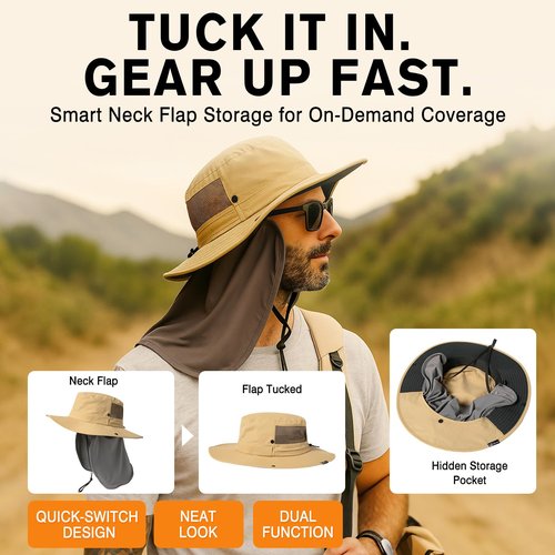 TOP-EX L/XL/XXL UV Protection Mens Sun Hat with Cooling Neck Cover Sunglass Lock Wide Brim Fishing Safari Hats Outdoor Summer Hat Waterproof Packable Grey L/XL