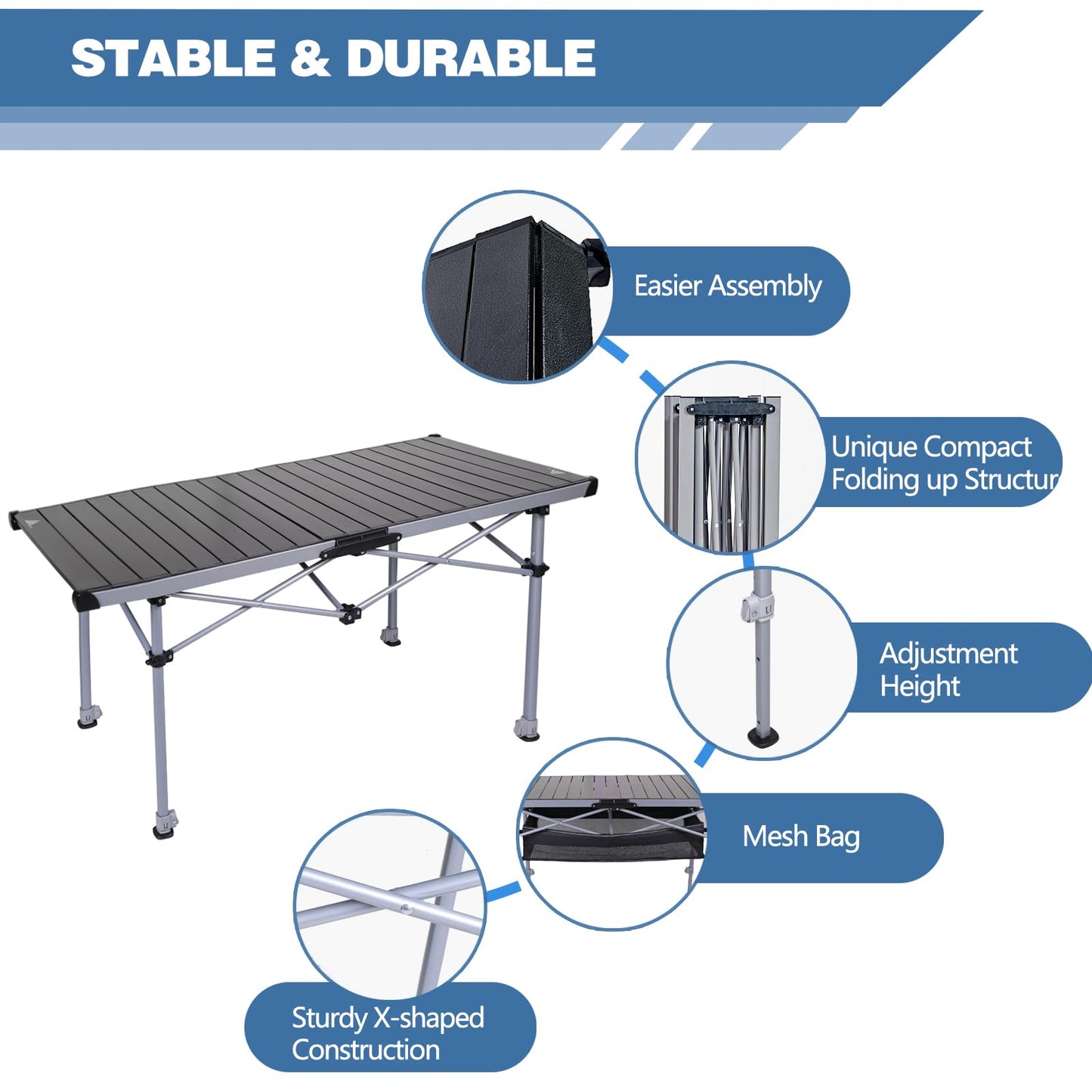 Ablazer Camping Table with Carry Bag, Adjustable Height Portable Table for Outdoor, Camping, Picnic, Beach, Aluminum Picnic Roll-up Table for 4-6 Person