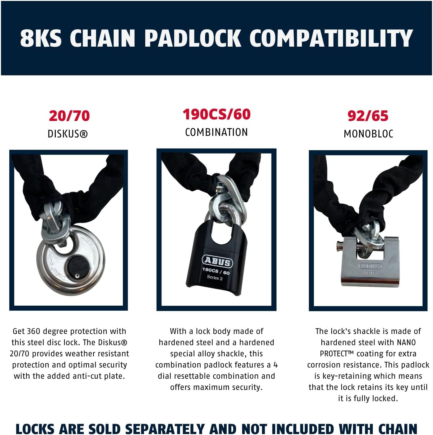 ABUS Hardened Steel 8KS 6 Foot x 5/16" Thick Square Security Chain for Bikes, Containers, Trailers, ATV's, Motorcycles and Personal/Industrial Property