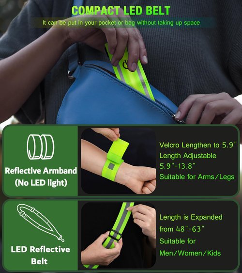 LED Reflective Running Gear High Visibility Reflective Belt Sash with Armband for Walking at Night,Adjustable Running Safety Gear Light Up Running Belt for Runners Walkers Men Women (Green)