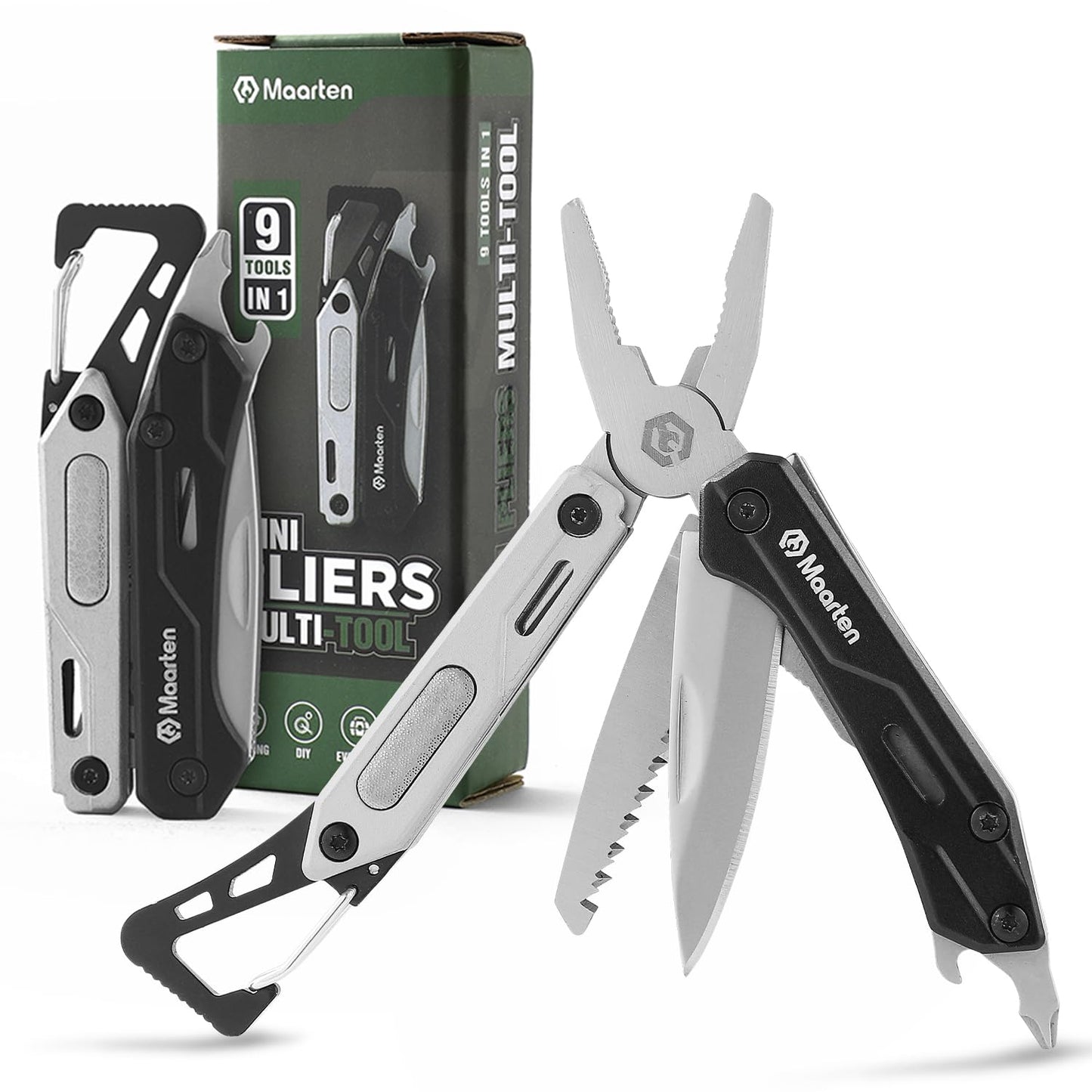 Maarten Mini Multitool, Lightweight 9 in 1 Professional Stainless Steel Multi Tool Keychain Pocket Pliers with Carabiner, Safety Lock Small Multitool with Bottle Opener