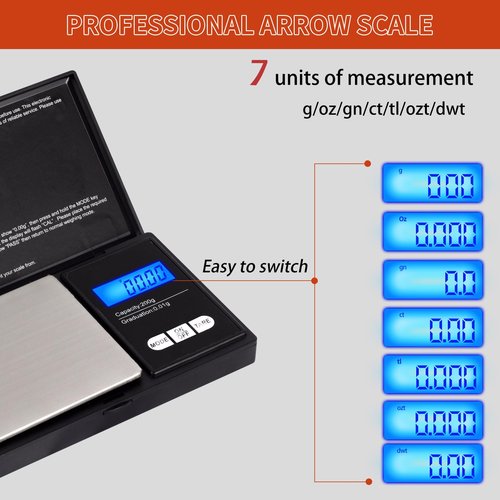 SPG Arrow Scale Digital Grain, Pocket Grain Scale Archery 200g×0.01g Arrow Weight Scale with Arrow Holder 50g Calibration Weight, Precision LCD Backlight Display 7 Units Modes Included Batteries