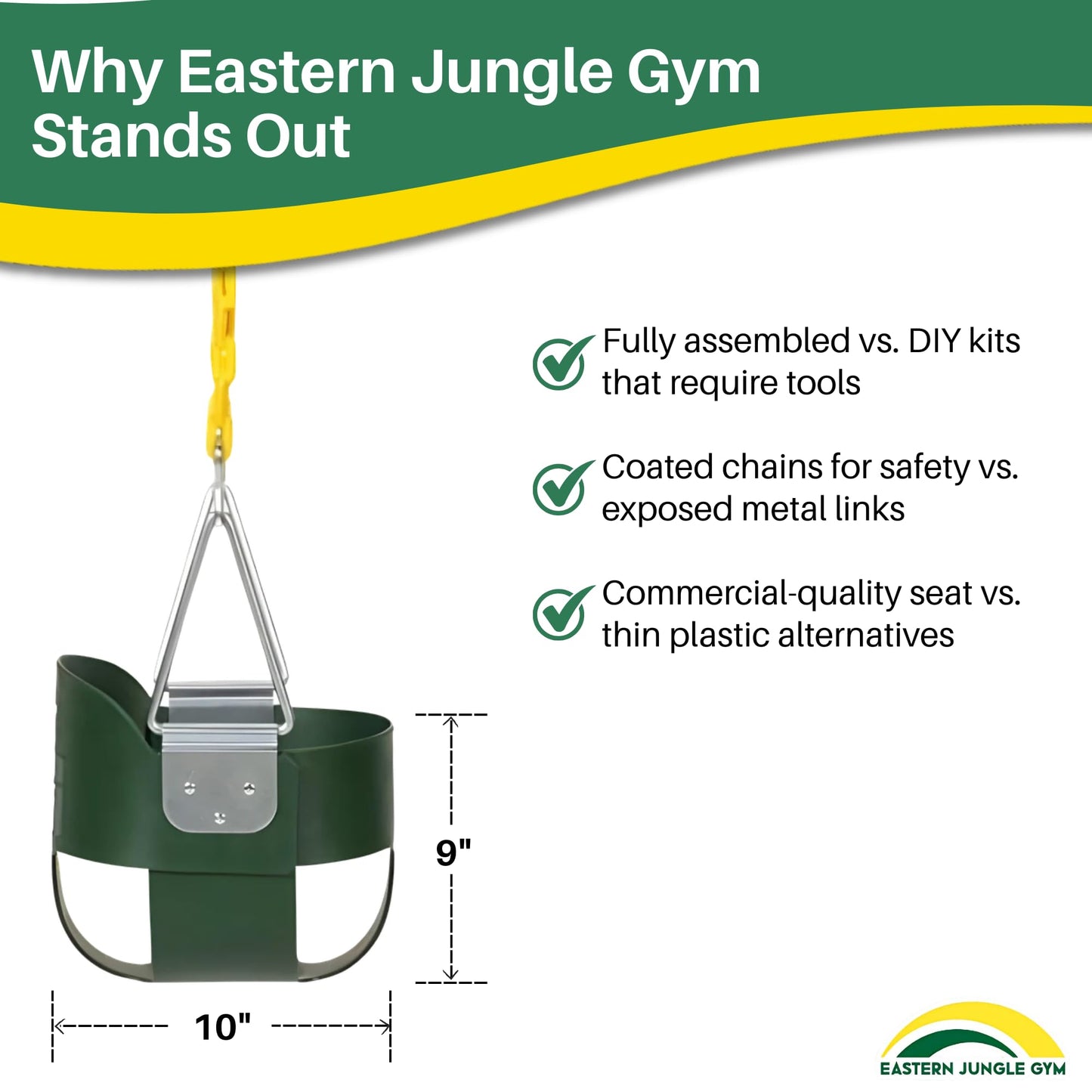 Eastern Jungle Gym Heavy-Duty High Back Full Bucket Toddler Swing Seat | Coated Swing Chains Fully Assembled | Green Swing Set Accessory