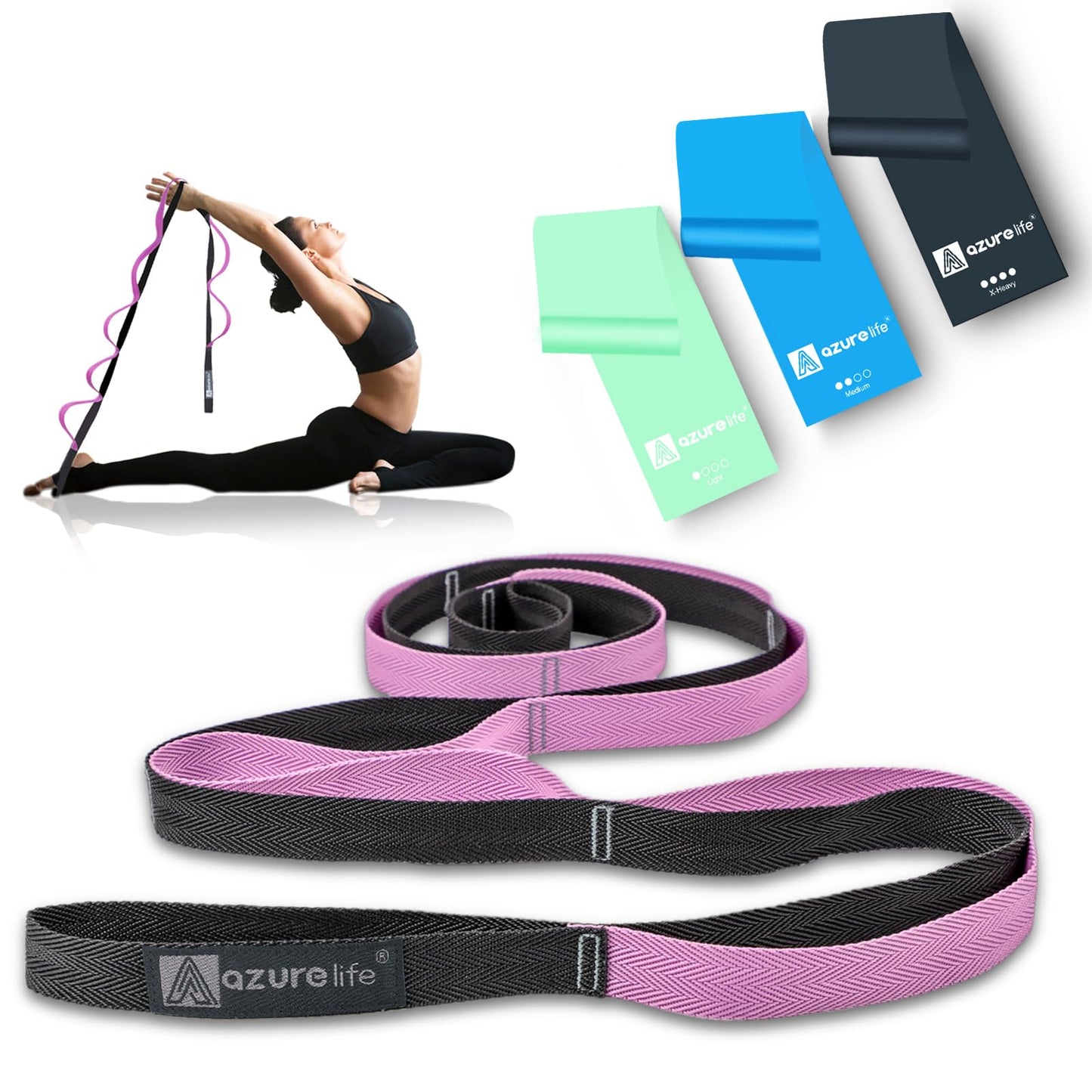 A AZURELIFE Flat Resistance Band Set (3 Pieces Total) Exercise Bands and Premium Durable Stretch Strap with Loops