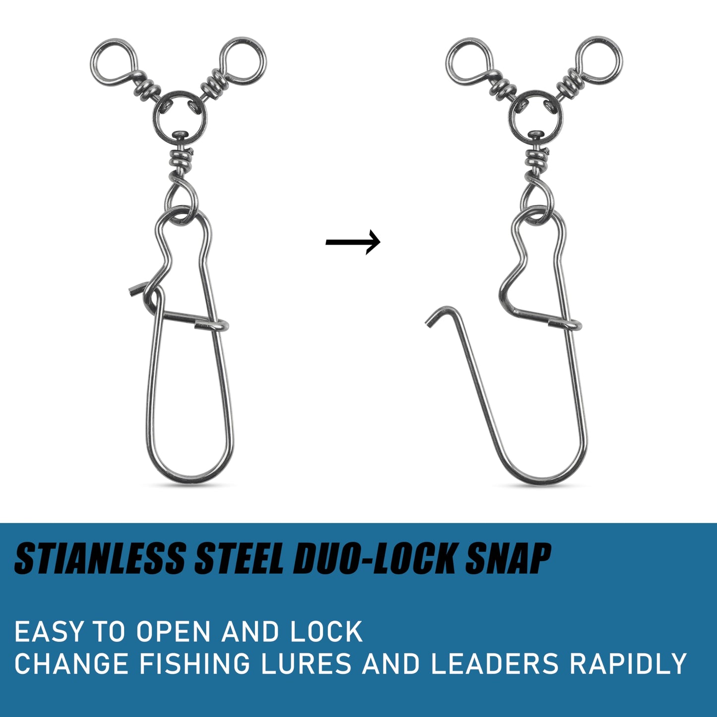 3 Way Snap Swivels 60PCS Fishing Swivel Tackles with Stainless Steel Duo Lock Snaps 26-83LB Round T Shape Fishing Lure Connectors for Saltwater Freshwater Catfish Rig Trolling Line