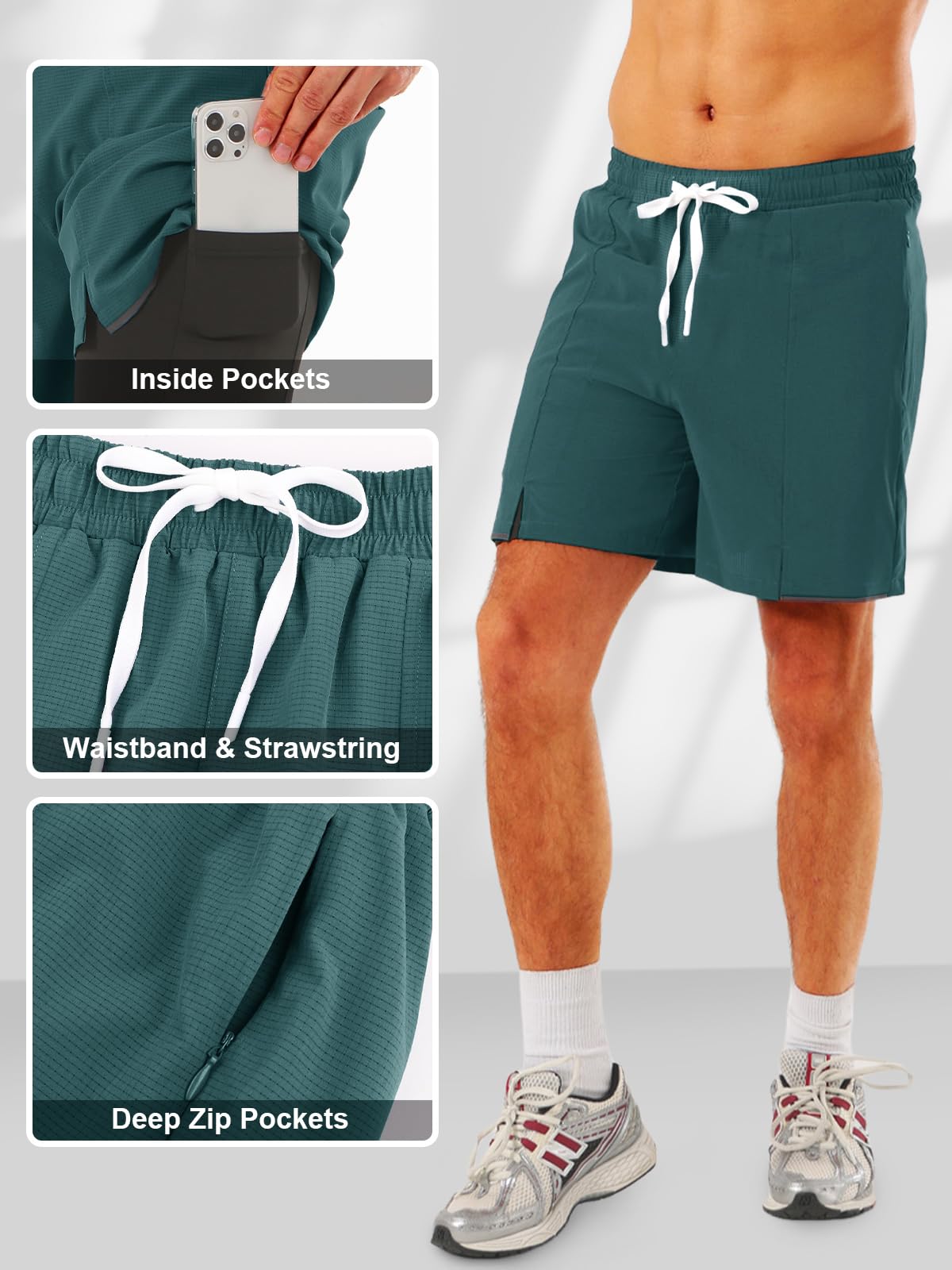 TXJ Sports Men's 2 in 1 Running Shorts 5" Athletic Workout Shorts for Men with Compression Liner Zip Pockets Gym Training Dark Green